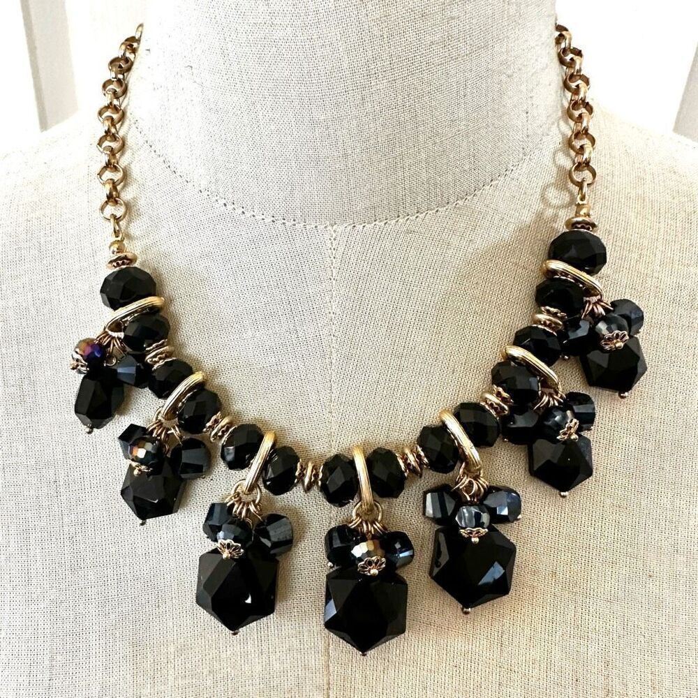 Black and gold tone beaded statement necklace